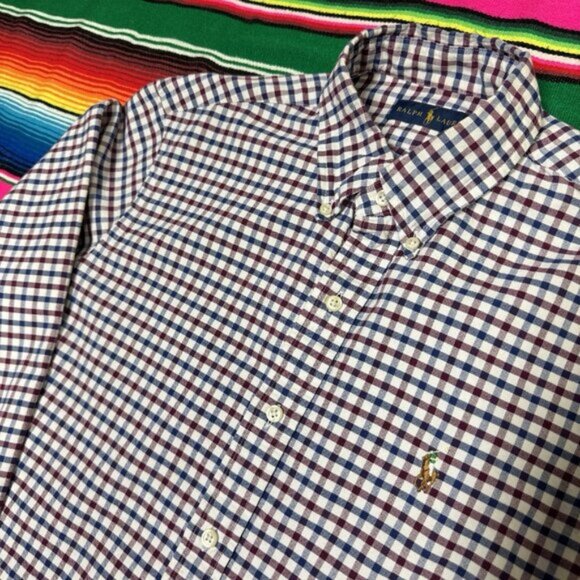 Ralph Lauren Button Down Shirt Men's‎ M Blue Red White Gingham Plaid Flesh Pony - Picture 1 of 8